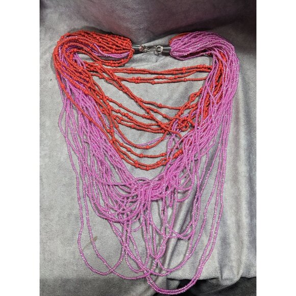 Pink And Red Multilayer Glass Beaded Statement Necklace - Picture 4 of 6